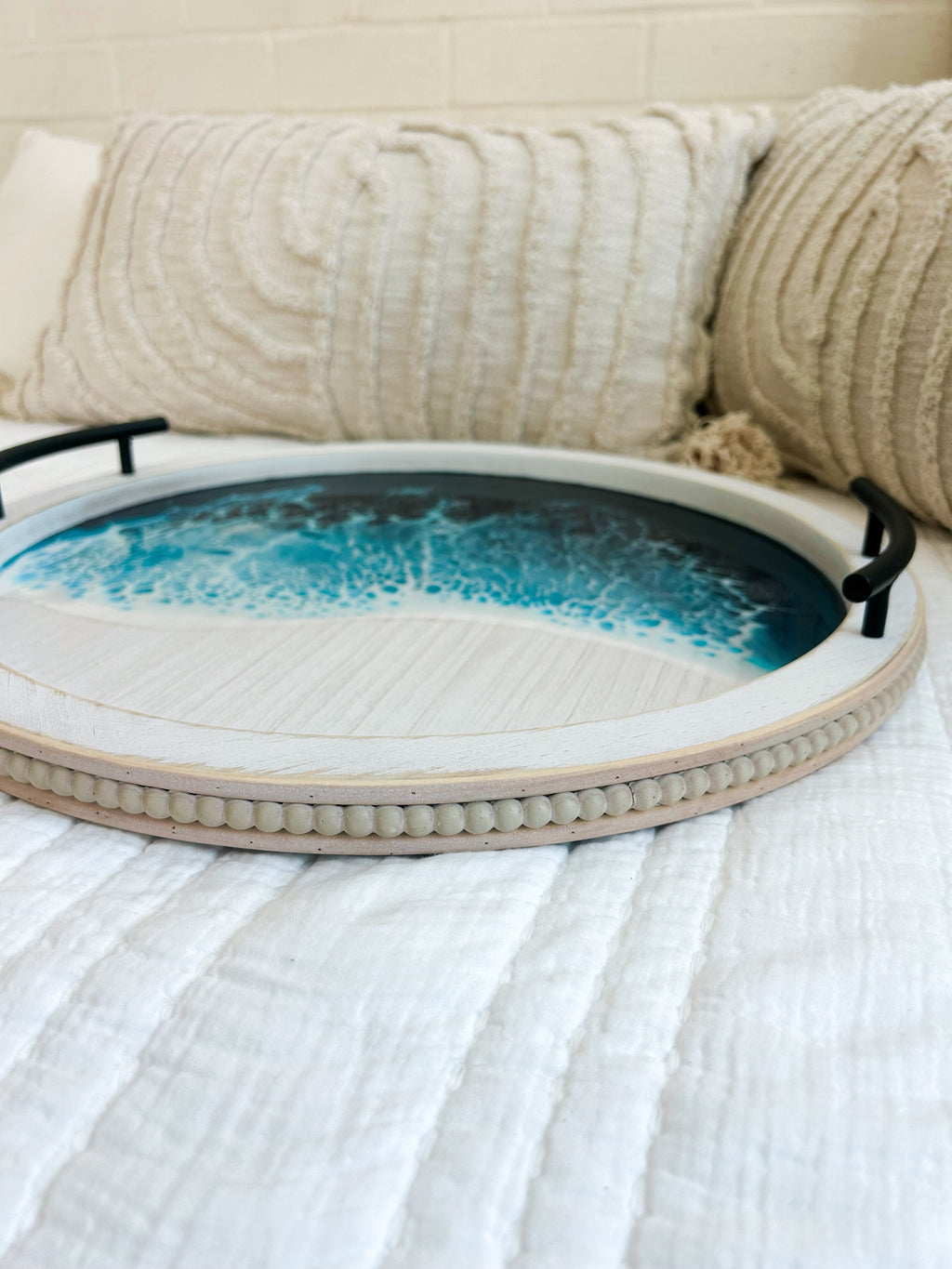 White washed tray with iron handles and beaded edge 18”