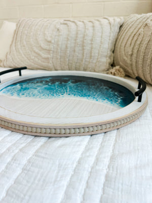 White washed tray with iron handles and beaded edge 18”
