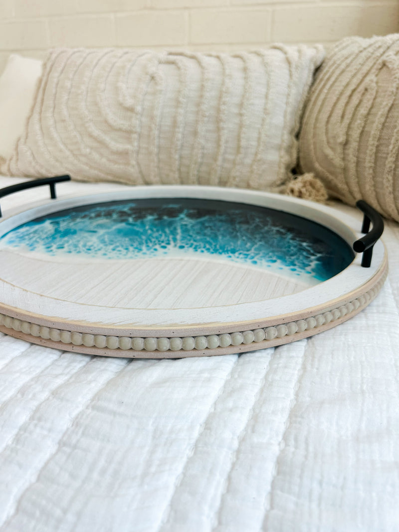 White washed tray with iron handles and beaded edge 18”