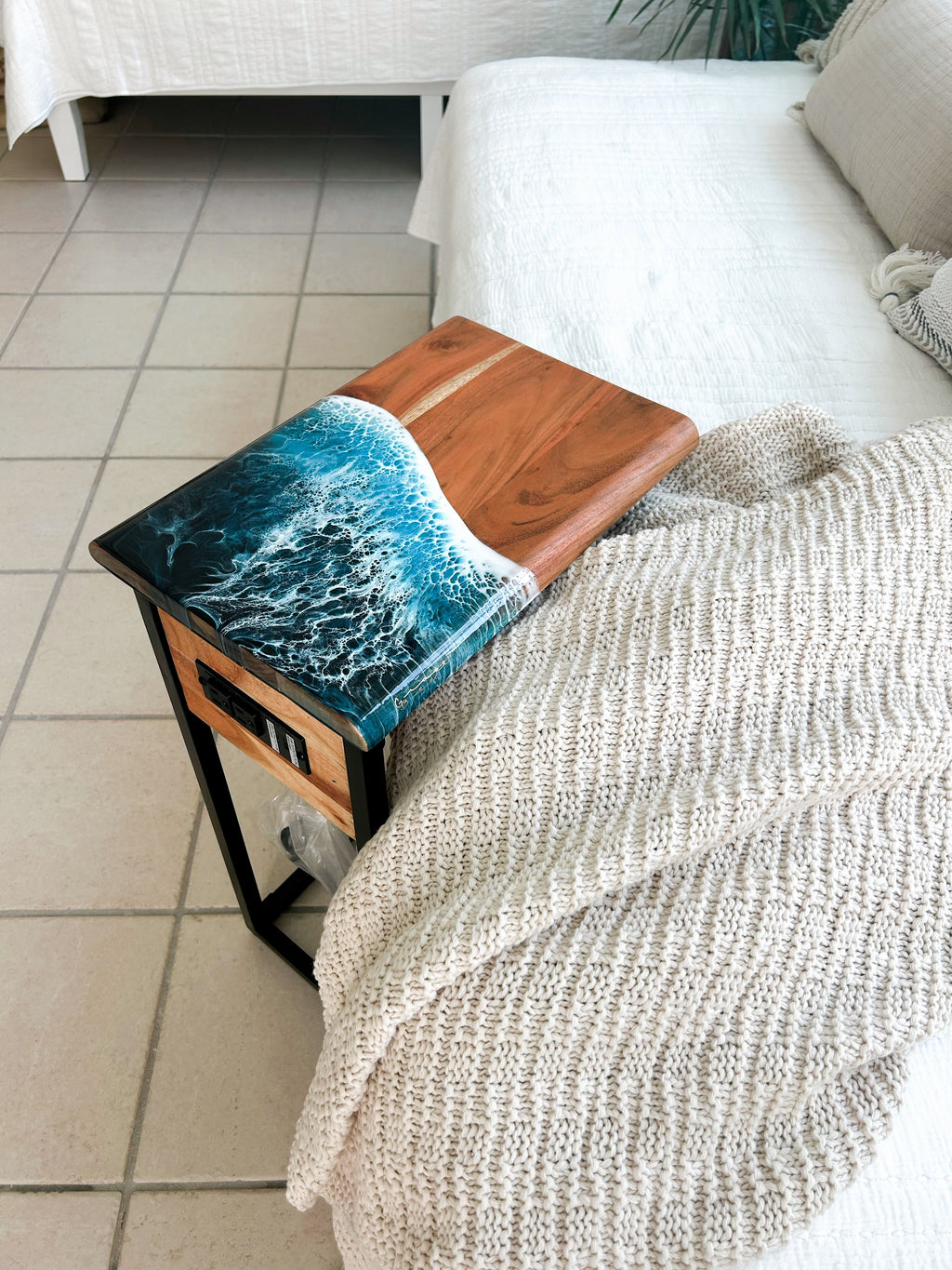 Custom Mango Wood C-Shaped Side Table with outlets + Iron base