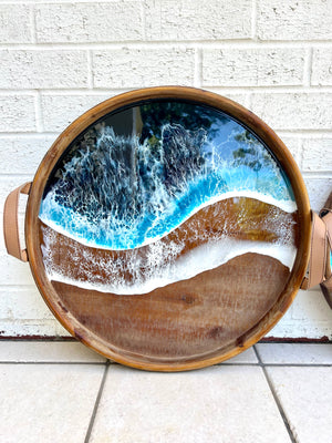 Mango wood trays with leather handles