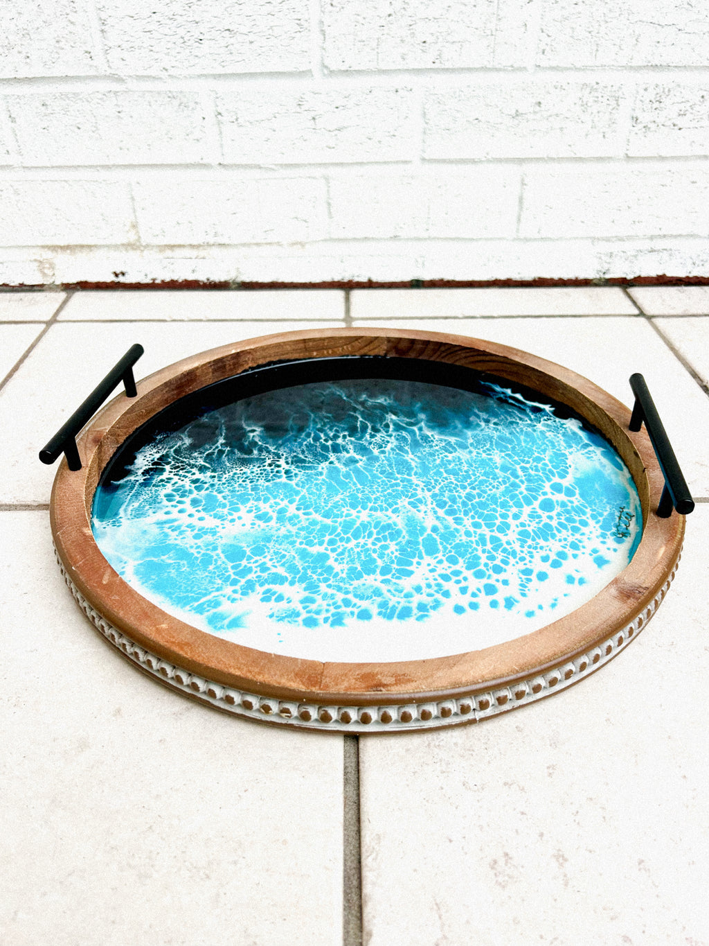 16” Round Wooden Tray with Beaded edges and Iron Handles