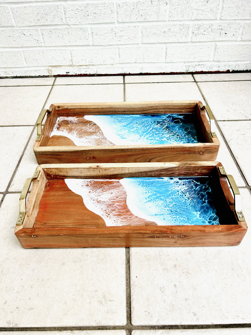 Nesting Mango Wood Trays with Gold Handles