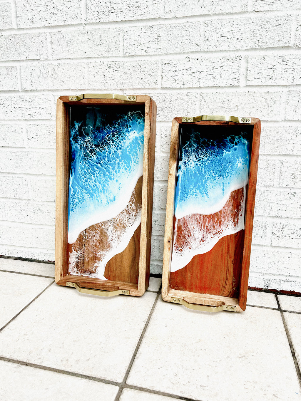 Nesting Mango Wood Trays with Gold Handles