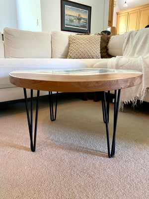 Round Solid Elm Coffee Table with Iron Legs