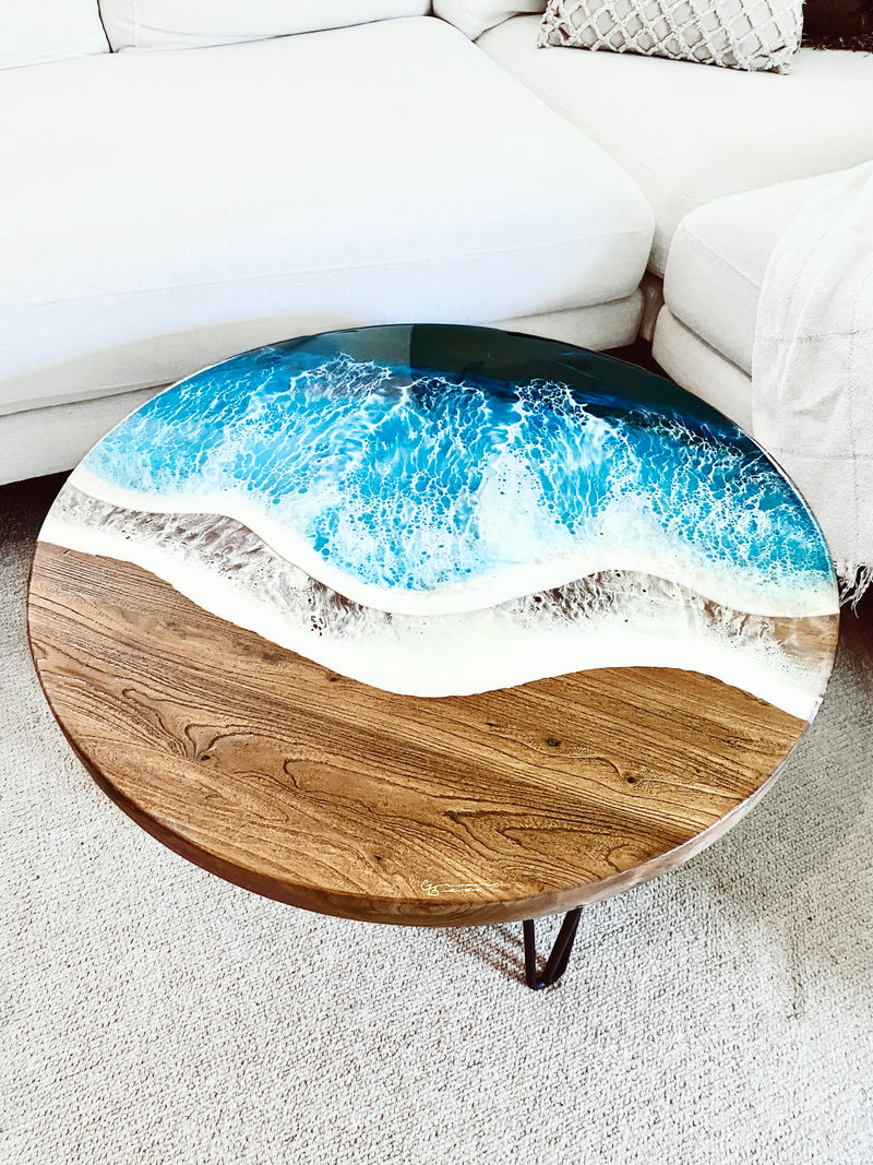 Round Solid Elm Coffee Table with Iron Legs